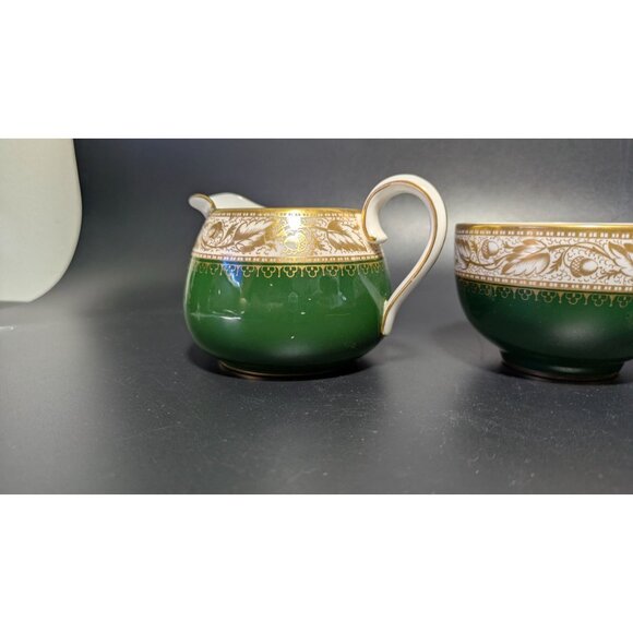Vintage Spode Green Gold Creamer Sugar Bowl Set Fine Bone China Elegant Design - Picture 10 of 16